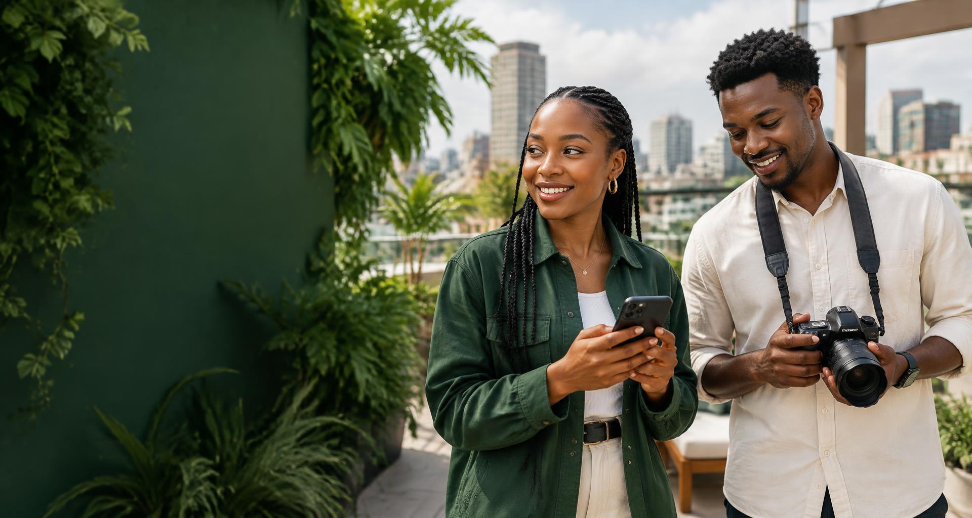 African content influencers sharing ideas on a city rooftop